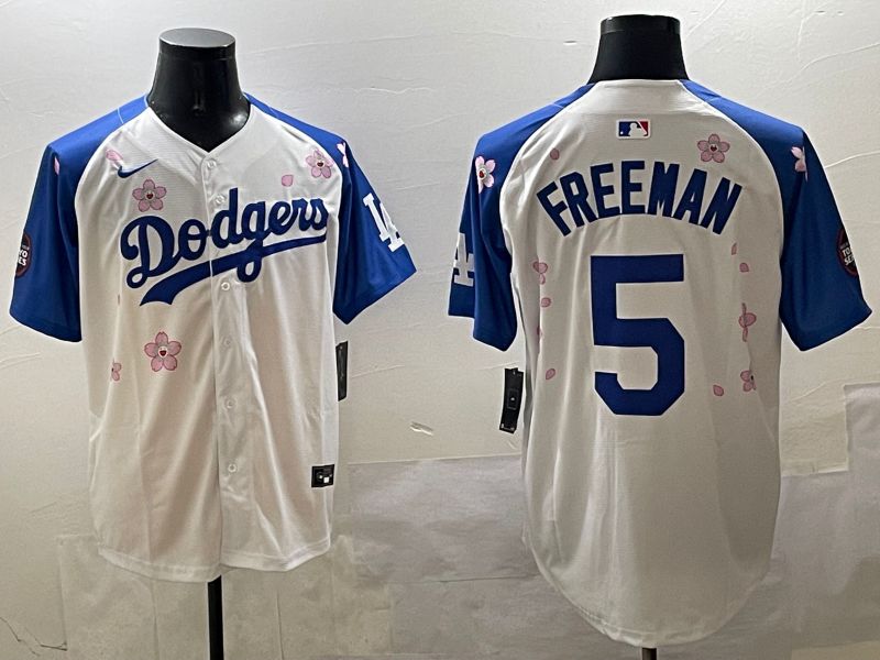 Men Los Angeles Dodgers #5 Freeman White Blue Sakura Edition 2025 Nike MLB Jersey style 1
